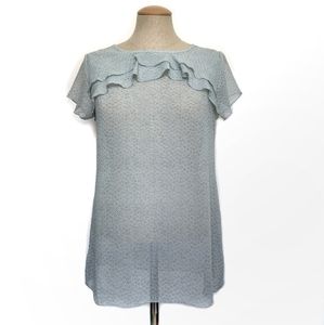 LOFT Short Sleeve Ruffle Blouse Light Blue White Polka Dots Sheer Chambray XS
